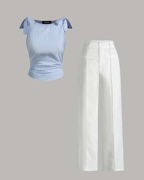 Sky Blue Ribbed Tie-Shoulder Top & White Trousers Co-Ord Set Front View For Women | Littlebox India