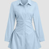 Sky Blue Ruched Shirt Dress with Long Sleeves Front View for Women | Littlebox India