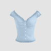 Sky Blue Ruffle Trim Ruched Button Front Top Front View for Women | Littlebox India
