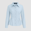 Sky Blue Solid Fitted Button-Down Shirt with Peplum Hem Front View For Women | Littlebox India