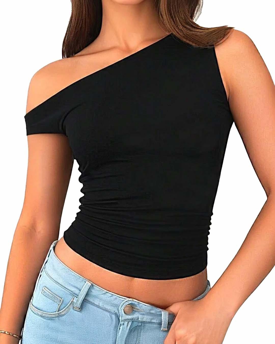 Slanting Top Slant Shoulder Asymmetrical Neckline Cropped Top – Littlebox India