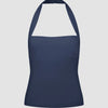 A navy blue halter neck top with a sleek, body-hugging fit, featuring a structured silhouette that frames the shoulders.