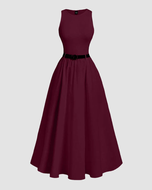 Front view of Maroon sleeveless A-line maxi dress with fitted bodice, black belt at waist, and flowing full-length skirt.