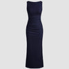 Dark navy sleeveless midi dress featuring a boat neckline and elegant draping for a refined silhouette.