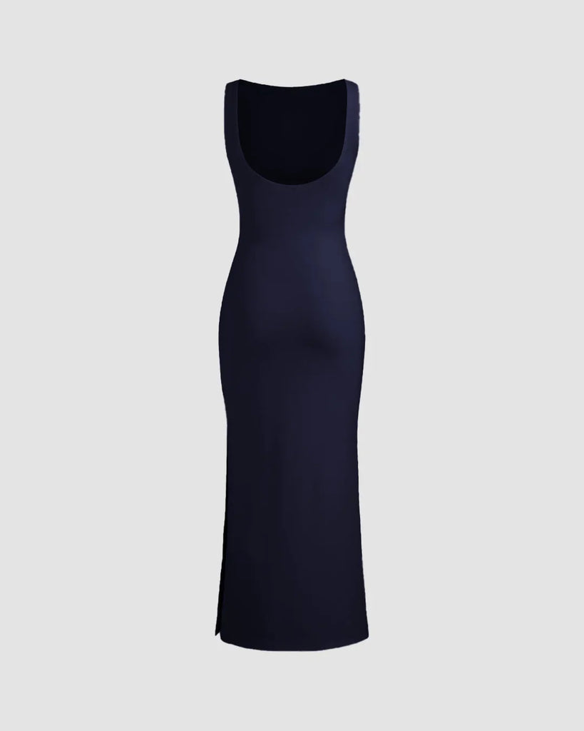 Back view of a Dark navy sleeveless midi dress featuring a boat neckline and elegant draping for a refined silhouette.