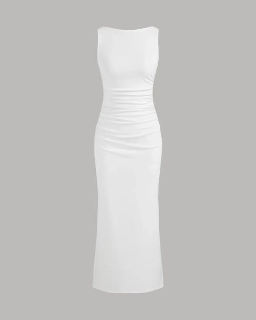 A sleeveless white midi dress featuring a ruched neckline and a boat neck design, elegantly draped for a flattering fit.