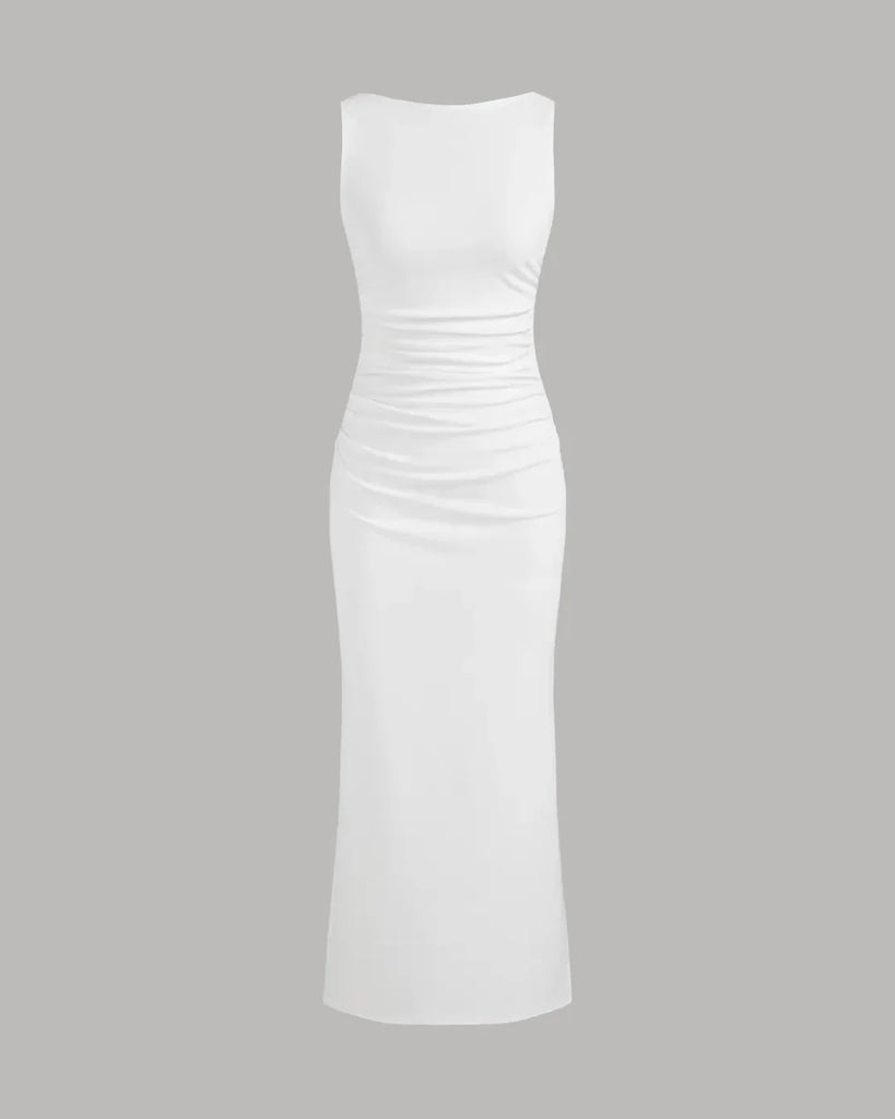 A sleeveless white midi dress featuring a ruched neckline and a boat neck design, elegantly draped for a flattering fit.