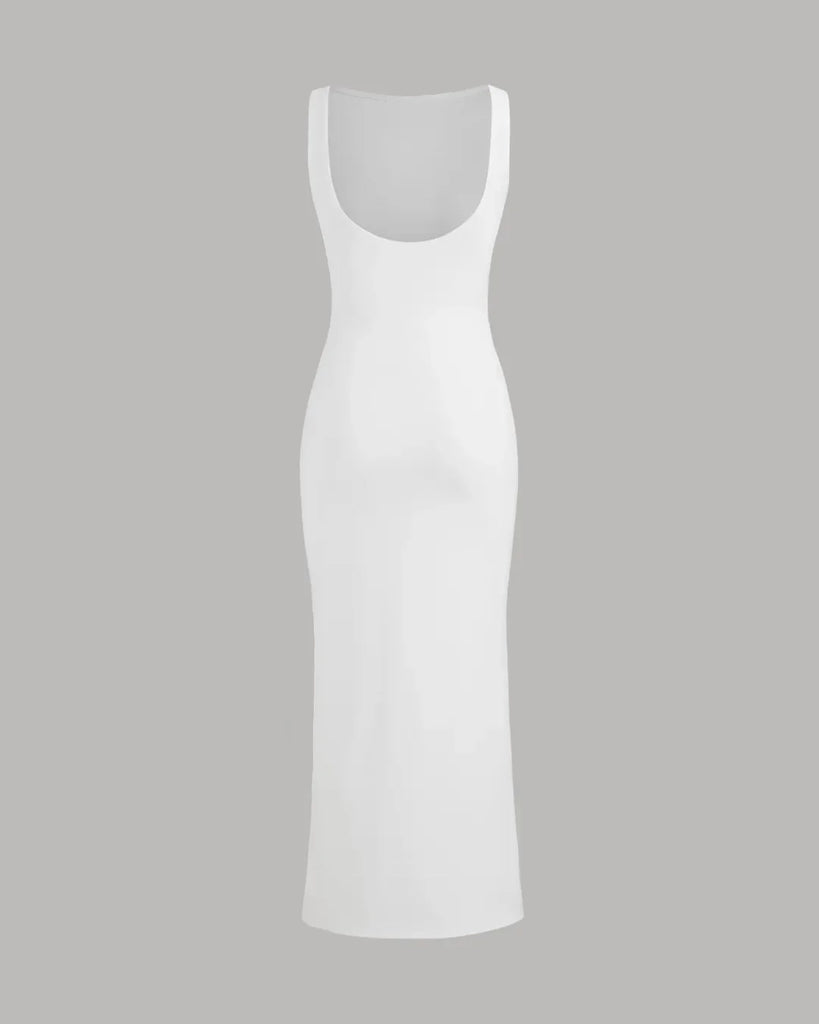 Back view of a sleeveless white midi dress featuring a ruched neckline and a boat neck design, elegantly draped for a flattering fit.