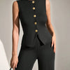 Sleeveless Button-Front Peplum Top & Wide-Leg Pants Co-Ord Set in Black Front View For Women | Littlebox India