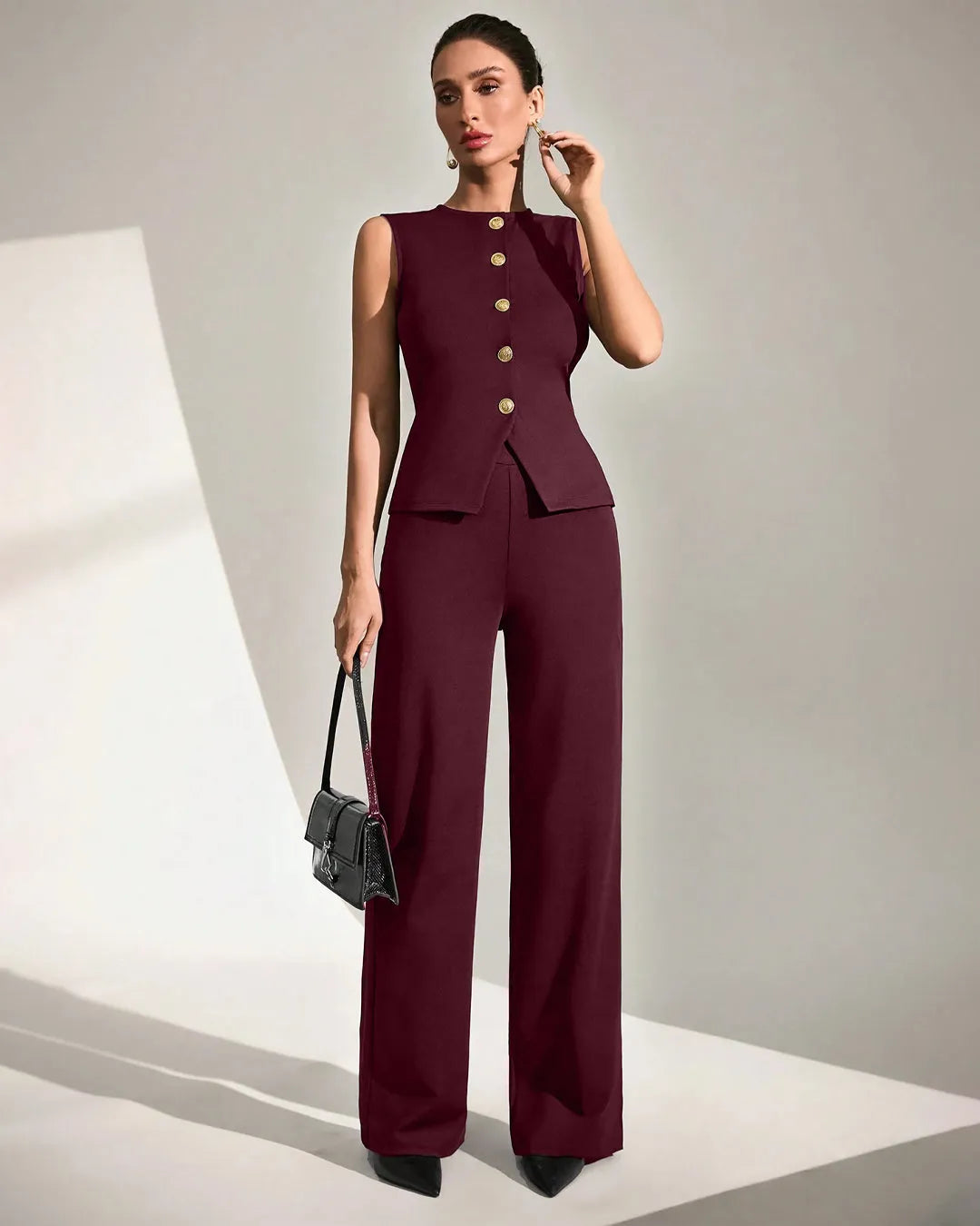 Sleeveless Button-Front Peplum Top Wide-Leg Pants Co-ord Set in Dark Maroon