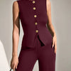 Sleeveless Button-Front Peplum Top & Wide-Leg Pants Co-ord Set in Dark Maroon Front View For Women | Littlebox India