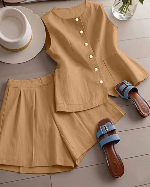 Sleeveless Button Down Vest Top And Short Pants Set in Brown Front View for Women | Littlebox India