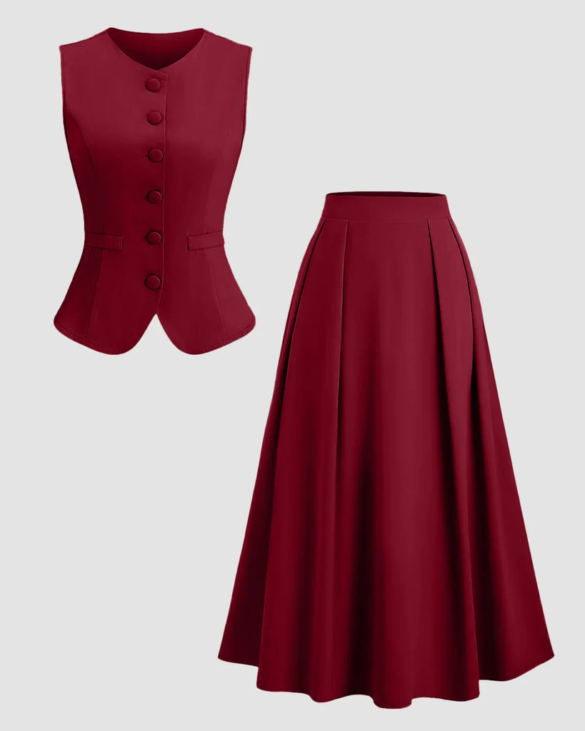A sleeveless burgundy dress and skirt set featuring buttons, designed as a flared midi co-ord outfit.
