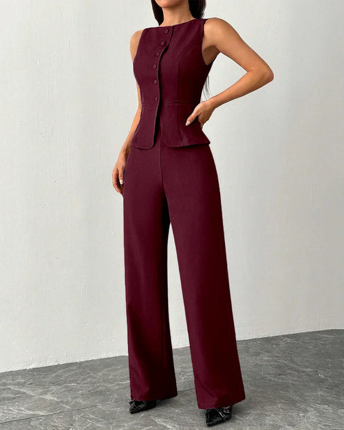 Sleeveless Buttoned Vest & Wide-Leg Trouser Co-Ord in Burgundy Front View For Women | Littlebox India