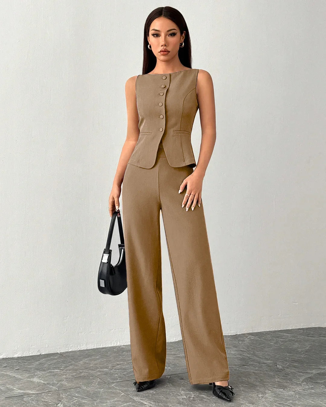 Buttoned Vest Wide-Leg Trouser Co-Ord in Mud Littlebox India