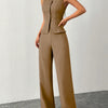 Sleeveless Buttoned Vest & Wide-Leg Trouser Co-Ord in Mud Front View For Women | Littlebox India