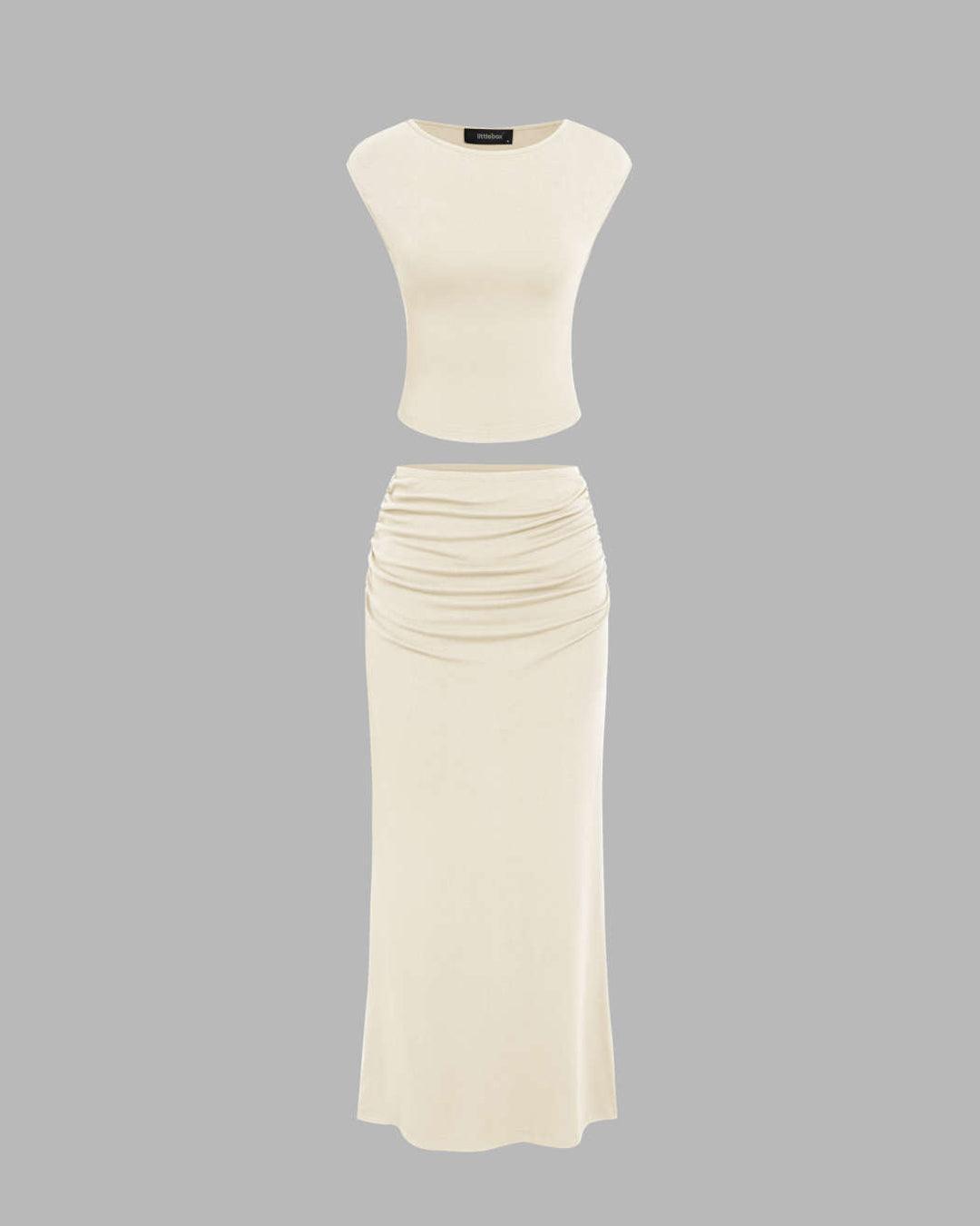Sleeveless Crop Tank Top Ruched Maxi Skirt In Off White