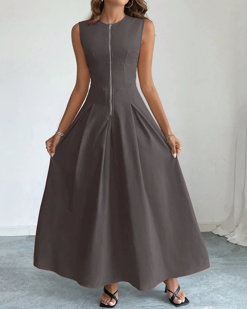 Plum kitten-hued sleeveless fit-and-flare maxi dress with an elegant silhouette.