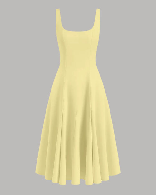 Front view of Pale yellow sleeveless fit-and-flare midi dress with square neckline, fitted bodice, and flowing skirt.