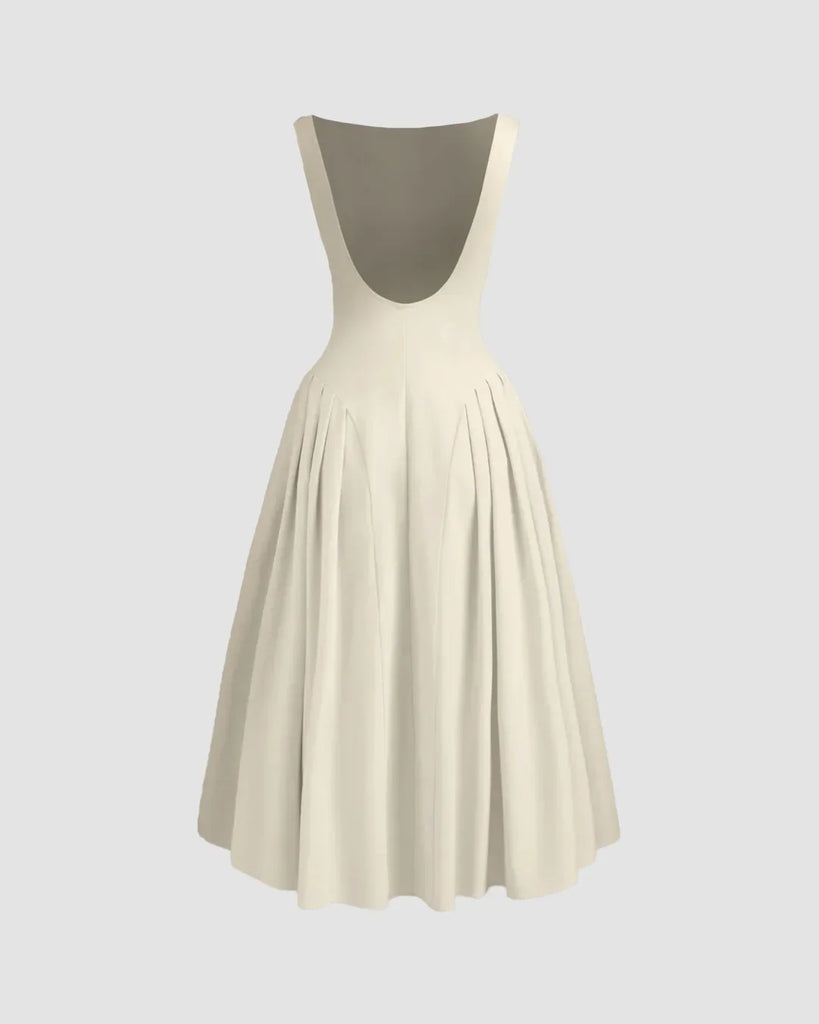 Back view of a Sleeveless beige flared midi dress with a soft and flowy shape, ideal for daytime outings or casual events