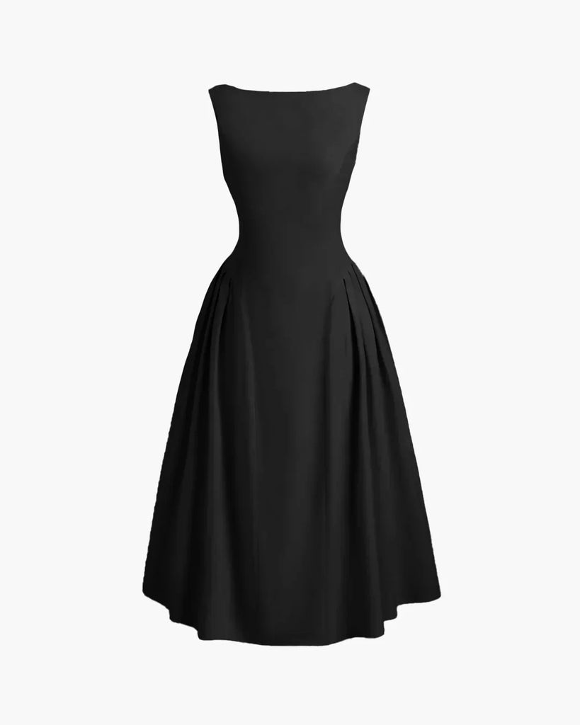 Sleeveless black flared midi dress with a flowy design, perfect for casual outings or special occasions.