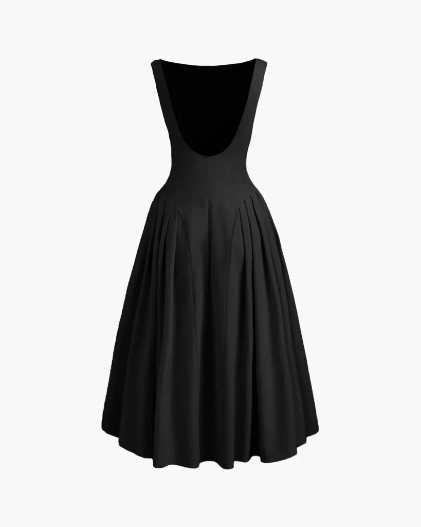 Back view of a Sleeveless black flared midi dress with a flowy design, perfect for casual outings or special occasions.