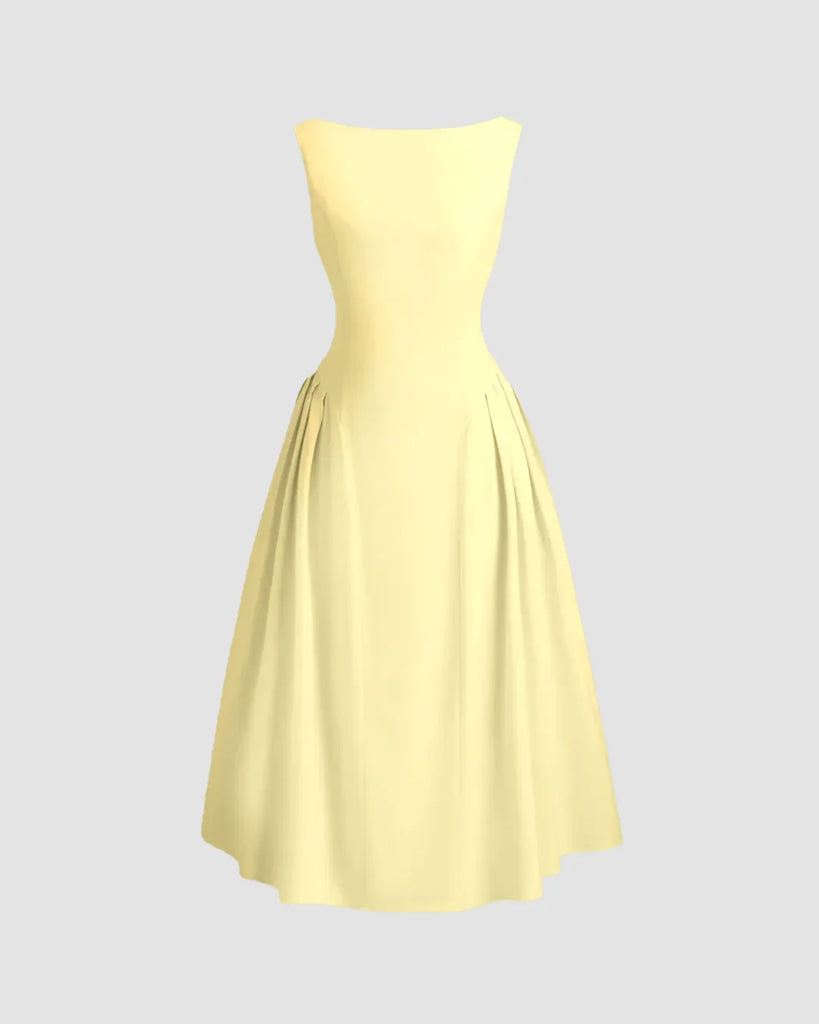 A sleeveless flared midi dress in vanilla, showcasing a vibrant color and a stylish, flowing design