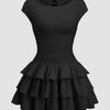 Front view of Black sleeveless mini dress with fitted waist and layered ruffle skirt, shown front and back on plain background.

