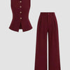 Sleeveless Golden Buttons Top And Flowy Wide-Leg Pants Set in Maroon Front View for Women | Littlebox India
