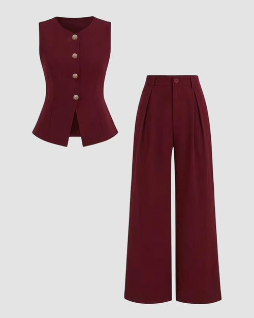 Sleeveless Golden Buttons Top And Flowy Wide-Leg Pants Set in Maroon Front View for Women | Littlebox India