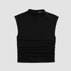 Sleeveless Mock Neck Ruched Fitted Top In Black Front View For Women | Littlebox India