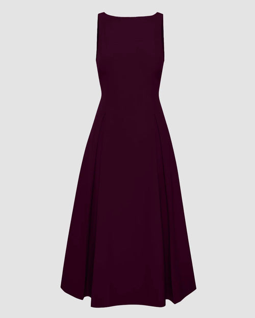 Front view of Burgundy sleeveless A-line midi dress with fitted waist and flowing skirt, shown front and back with V-back detail.
