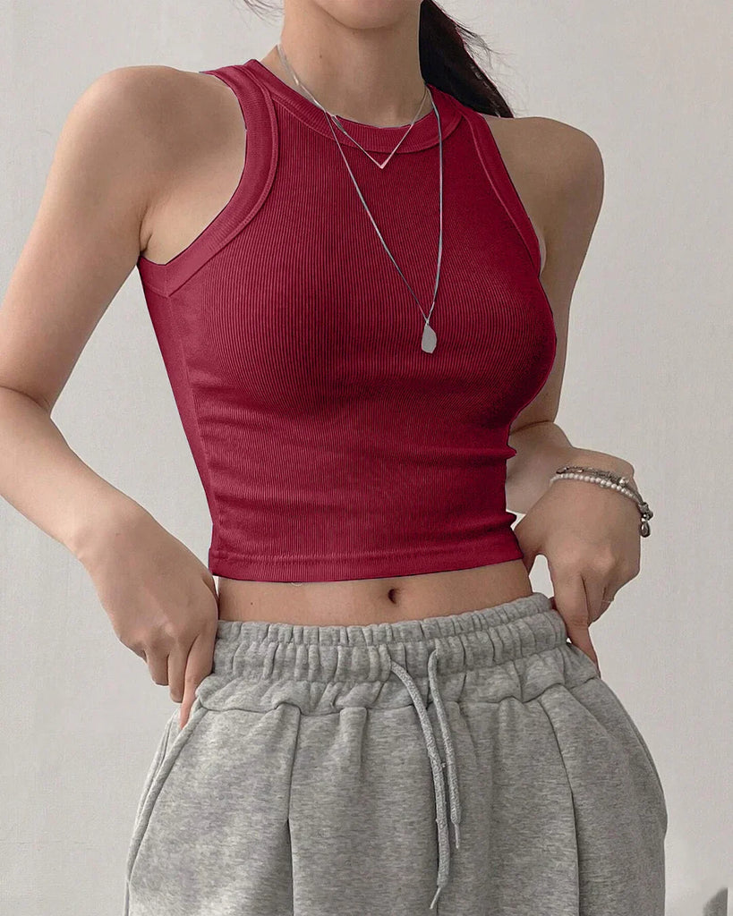 maroon sleeveless crop top ribbed high neck, stylish and fitted, perfect for casual outings or layering