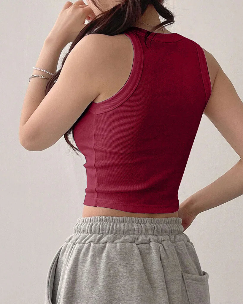 close view of maroon sleeveless ribbed high neck crop top, stylish and fitted, perfect for casual outings or layering