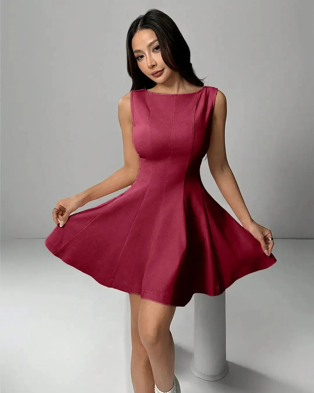 Sleeveless Round Neck Fit Flare Mini Dress In Maroon
