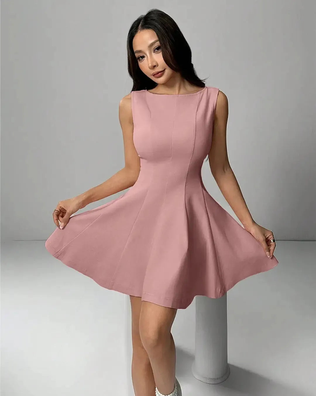 Sleeveless Round Neck Fit Flare Mini Dress In Rose Pink