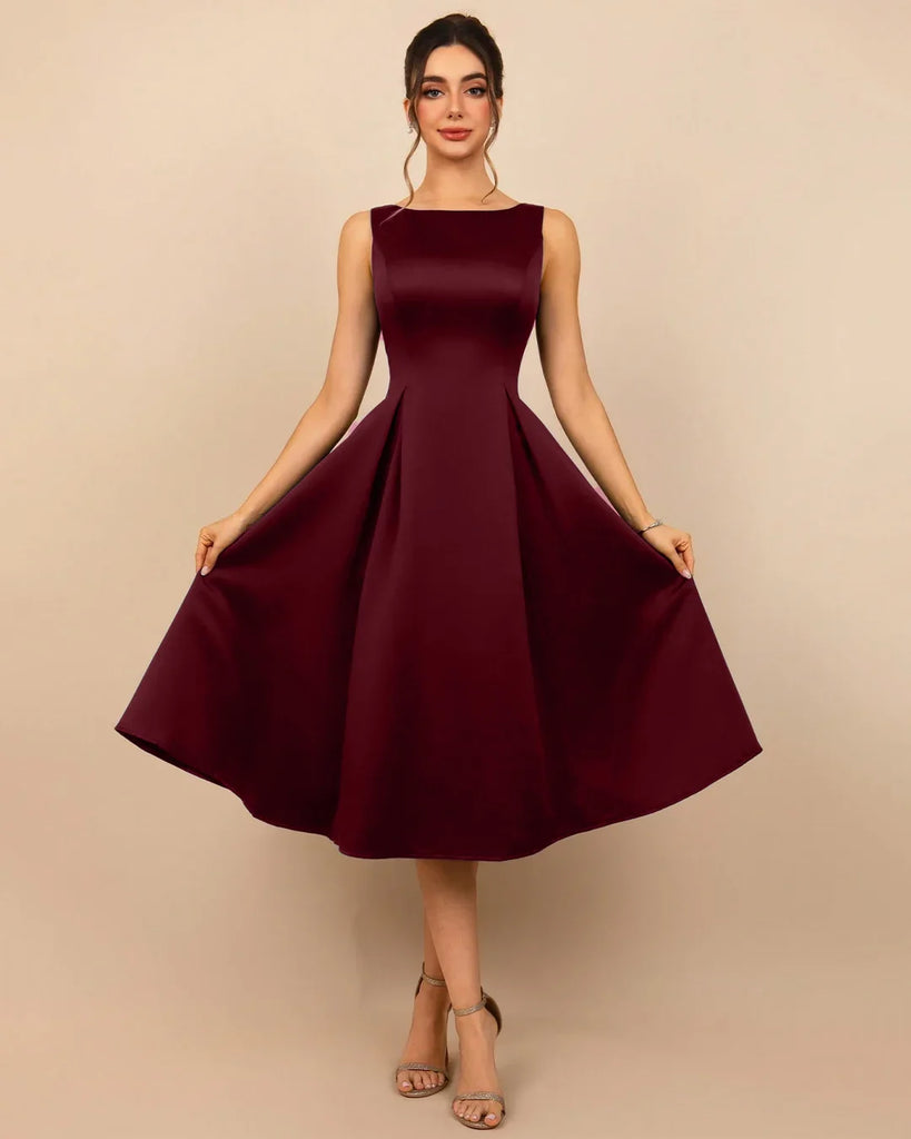 Sleeveless Round Neck Flared Midi Dress in Red