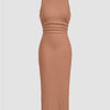 Biscuit brown sleeveless midi dress with a round neck and slim fit, crafted from comfortable knit fabric.