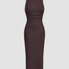 Sleeveless Round Neck Slim Fit Midi Dress in Brown Front View for Women | Littlebox India