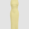Yellow sleeveless midi dress in French Vanilla, made from soft knit fabric with a slim fit and round neck design.