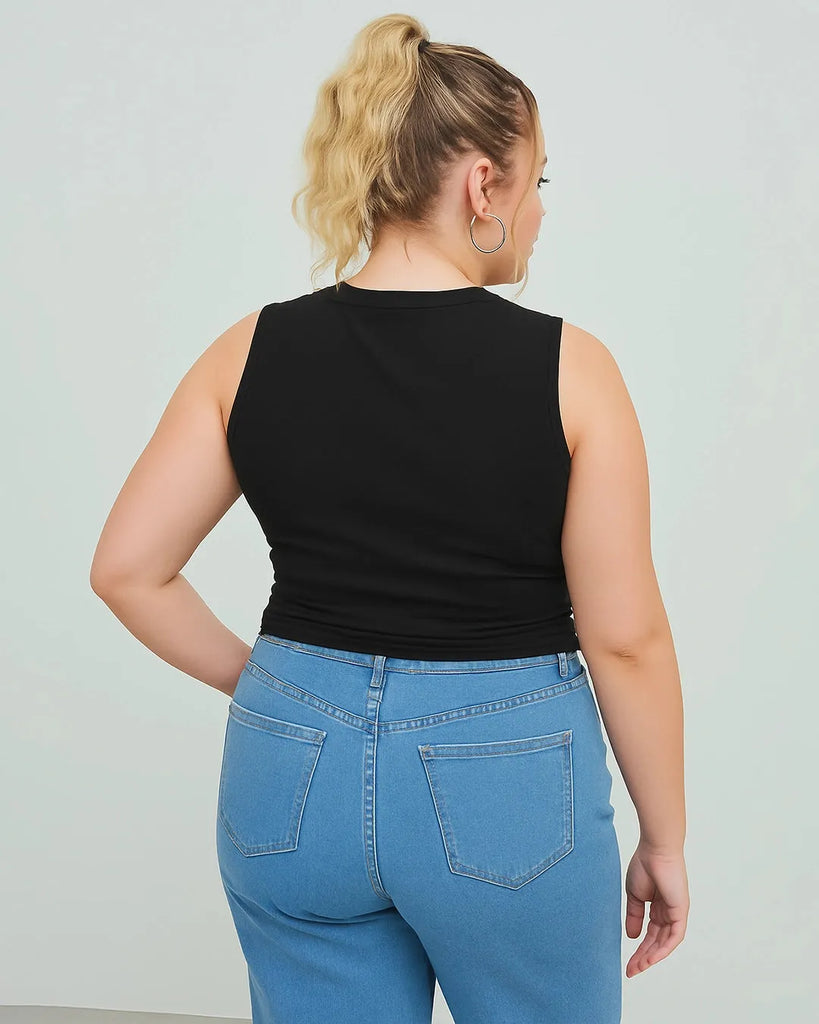 Back view of a women wearing Black sleeveless crop top with ruched detailing, perfect for curve and plus sizes