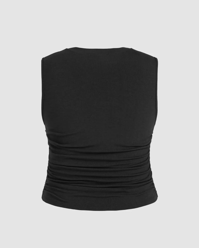 Back view of Black sleeveless crop top with ruched detailing, perfect for curve and plus sizes