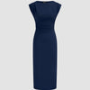 Front view of navy blue sleeveless bodycon midi dress with ruched waist and clean silhouette, elegant navy blue formal dress.