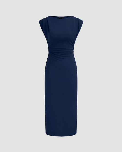 Front view of navy blue sleeveless bodycon midi dress with ruched waist and clean silhouette, elegant navy blue formal dress.