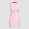 Baby pink sleeveless mini dress featuring delicate ruching for a softly sculpted look.
