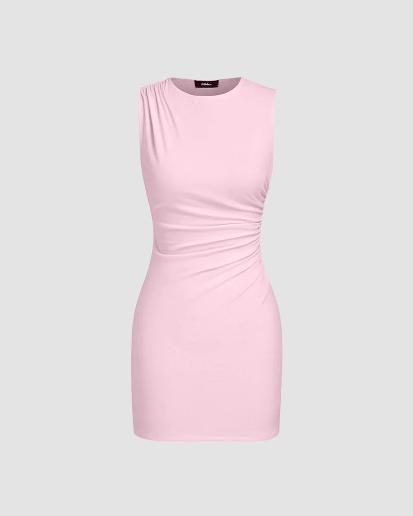 Baby pink sleeveless mini dress featuring delicate ruching for a softly sculpted look.