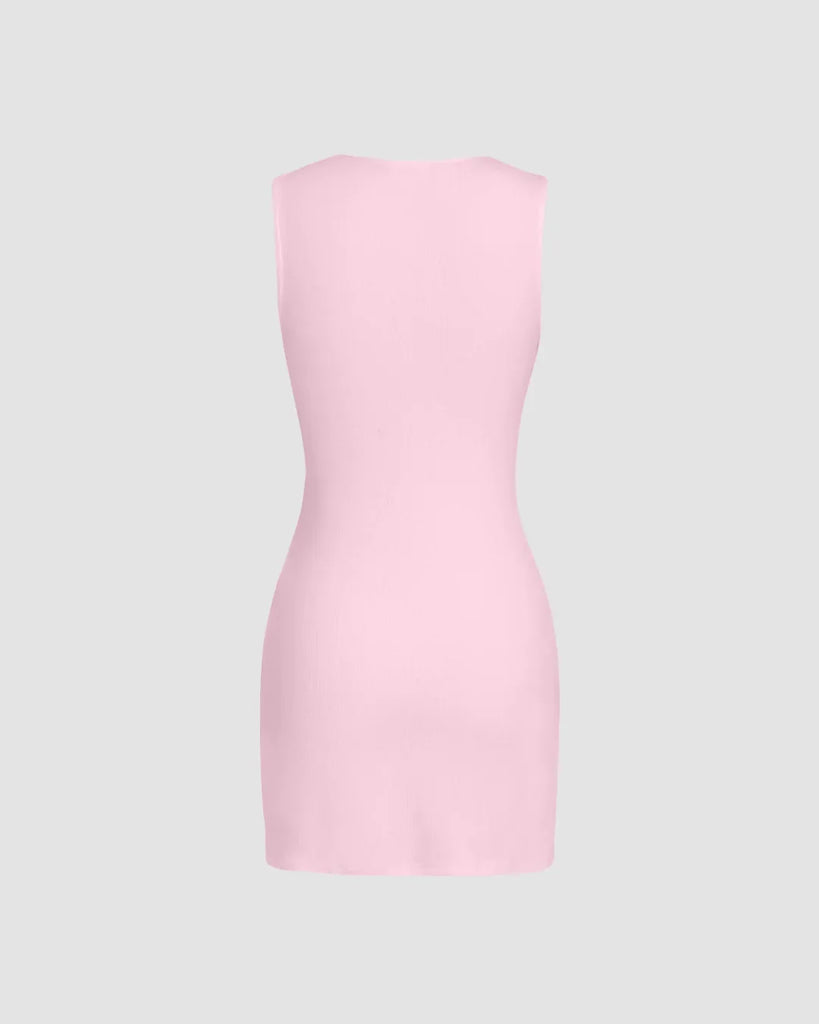 Back view of a Baby pink sleeveless mini dress featuring delicate ruching for a softly sculpted look.
