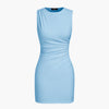 Powder blue sleeveless mini dress featuring delicate ruching for a softly sculpted look.