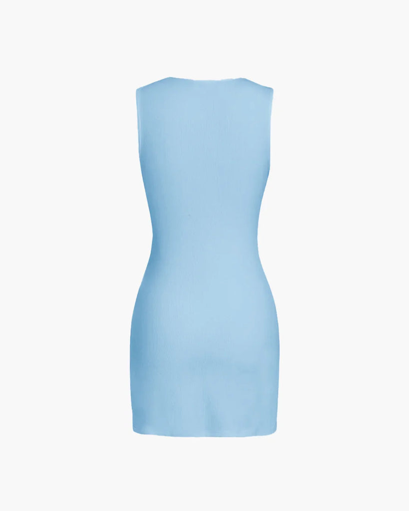 Back view of a Powder blue sleeveless mini dress featuring delicate ruching for a softly sculpted look.