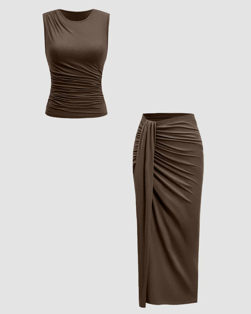 Two pieces of women's clothing: a brown sleeveless ruched top and a brown midi skirt set.